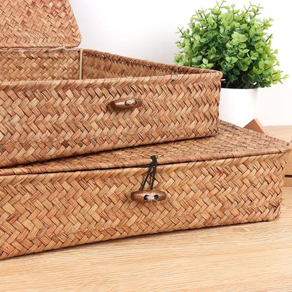 Moosky Flat Wicker Shelf Baskets with Lid, Handwoven Seagrass Basket Boxes for Storage Baskets Bins Home Decor Organizer (Coffee Set of 2)