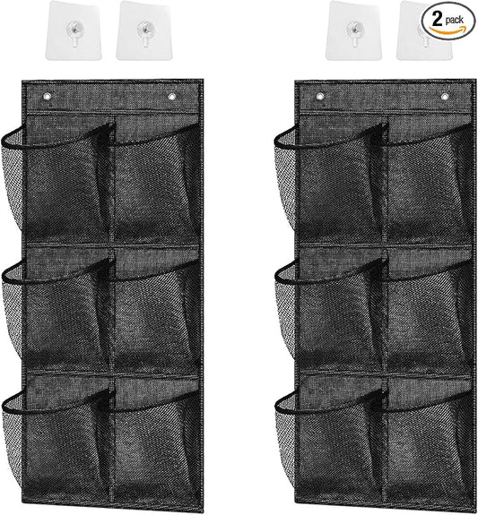 2 pcs Over The Door Shoe Organizer,Hanging Mesh Organizer,Shoe Rack,Door Shoe Organizer,With Sticky Hanging Mounts,6 Large Breathable Mesh Pockets,For Bathroom,Rv,Pantry (black)