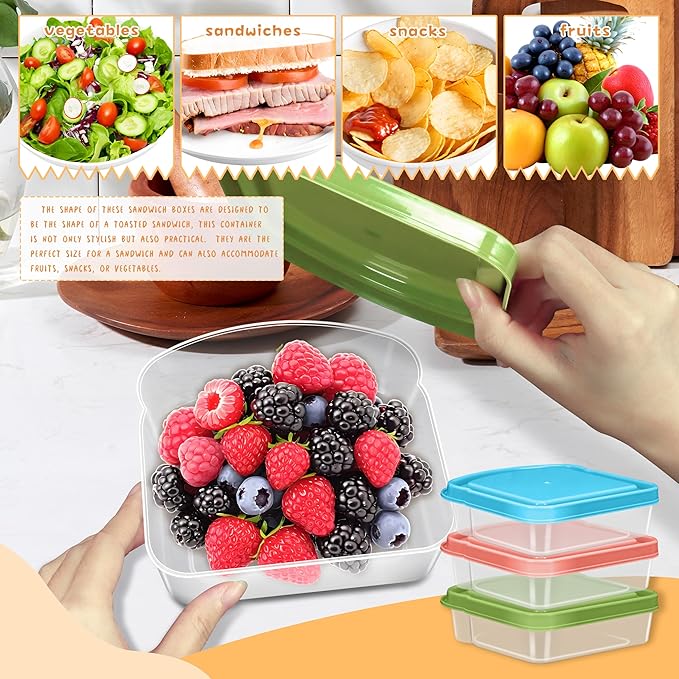 3 Pack Sandwich Containers, Colored Sandwich Boxes for Lunch, Reusable and Easy to Open Fun Sandwich Container (in 3 Colors)