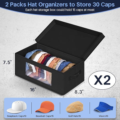 SLEEPING LAMB Stackable Hat Organzier for Baseball Caps, 2 PCS Hat Storage Boxes for Closet Hold 30 Caps with Cardboard, Black