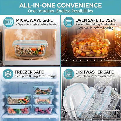 5-Packs, 36 Oz Glass Meal Prep Containers with Snap Locking Lids Glass Food Containers,Airtight Lunch Container,Microwave, Oven, Freezer and Dishwasher