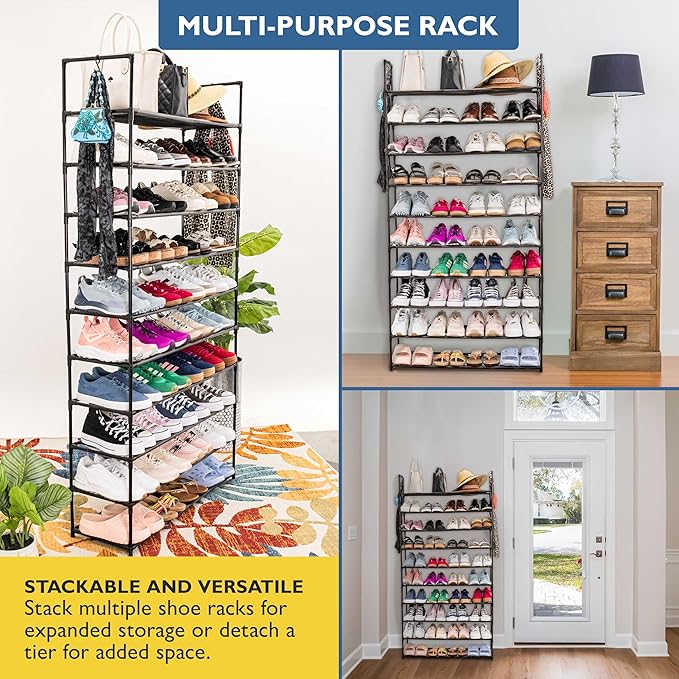 Sundaze Shoe Rack - 10 Tier Shoe Rack for Front Door Entrance, Sturdy Tall Shoe Organizer for Closet, Bedroom, Entryway, Garage, Non Woven Fabric Shelf, Black, Holds Up to 50 Pairs