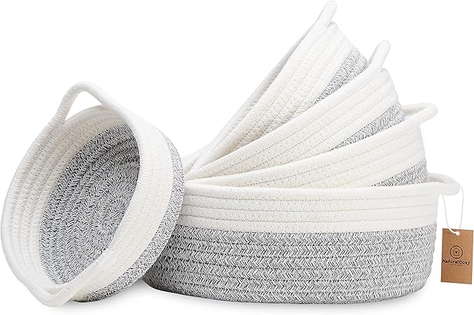 NaturalCozy 5-Piece Round Small Woven Baskets Set– Cotton Rope Baskets for Organizing! Montessori Toys, Fruits Remotes Key Tray Bowl for Entryway Desk, Shallow Catchall Home Décor, Cat Dog Bin Gift