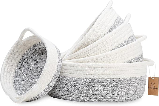 NaturalCozy 5-Piece Round Small Woven Baskets Set– Cotton Rope Baskets for Organizing! Montessori Toys, Fruits Remotes Key Tray Bowl for Entryway Desk, Shallow Catchall Home Décor, Cat Dog Bin Gift