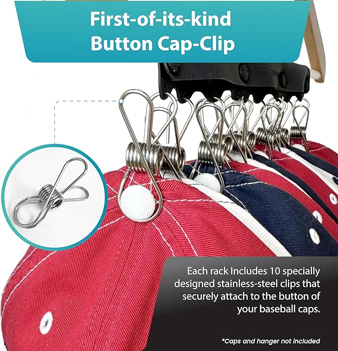 Perfect Curve Baseball Cap Hanger - Store 10 Caps with Button Clip Design, Silicone & Metal Construction, Black, 1-Pack