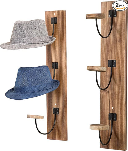 MyGift 2 Pcs Hat Rack Wall Mount, Cowboy Hat Organizer Holder, Coat, Cap Clothes Hanger with Metal Wire and Wood Hooks, Light Burnt