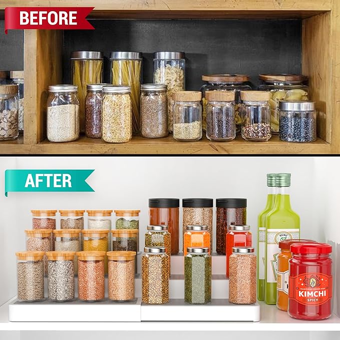 YAN & HIN Expandable Spice Rack Organizer for Cabinet (2 Pack), 3-Tier Tiered Spice Shelf Organizer with Non-Skid Surface, Spice Riser, Adjustable Pantry Organizer for Spices, Cans & Medicine Cabinet