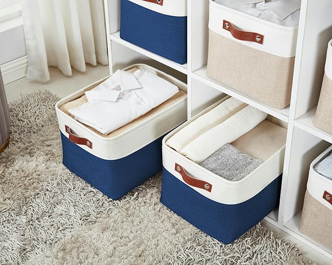 DECOMOMO Storage Bins, Extra Large Fabric Storage Baskets for Shelves, Decorative Linen Closet Organizer, 15.8 x 12.5 x 10 inches (Navy Blue & White, 3 Pack)
