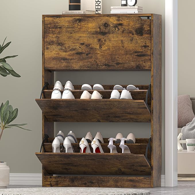 Shoe Storage Cabinet for Entryway, Brown Shoe Cabinet with 3 Flip Drawers, Hidden Shoes Rack Freestanding Storage Organizer for Entryway,Closet, Living Room,Hallway 47.24"H × 31.50"W × 9.44"D