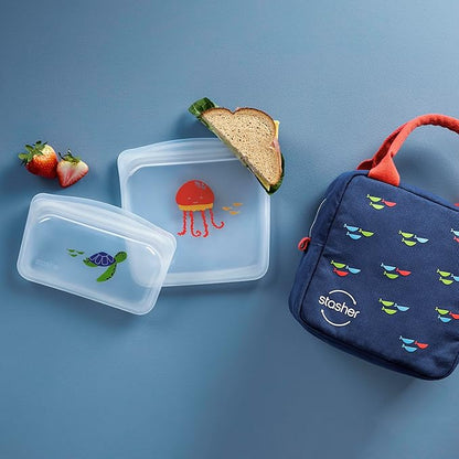 Stasher Silicone Reusable Storage Bags & Insulated Lunch Bag, 3-Pack, Reusable Freezer Bags, Microwave, Dishwasher, Oven Safe, Sous Vide, Lunch Containers, Eco Friendly, Food Storage Bags, Clear | Insulated Lunch Bag