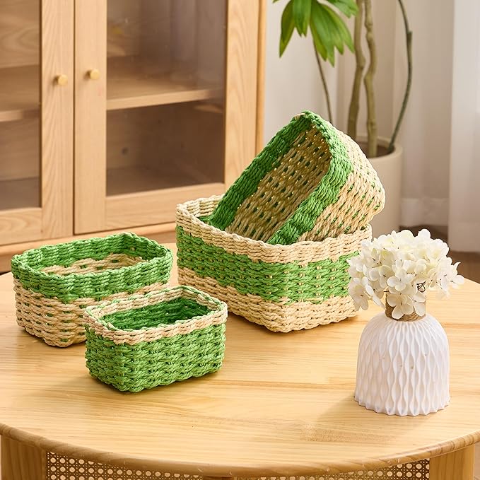 4PCS Woven Storage Baskets Set, Small Baskets for Organizing, Square Handwoven Paper Rope Organizer Bins for Shelves and Home Storage (Natural & Green)