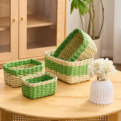 4PCS Woven Storage Baskets Set, Small Baskets for Organizing, Square Handwoven Paper Rope Organizer Bins for Shelves and Home Storage (Natural & Green)