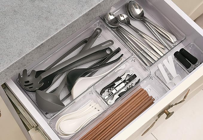 5 Pack Clear Plastic Drawer Organizer Tray Cutlery Utensil Makeups Drawer Silverware Organizers 12" X 6"