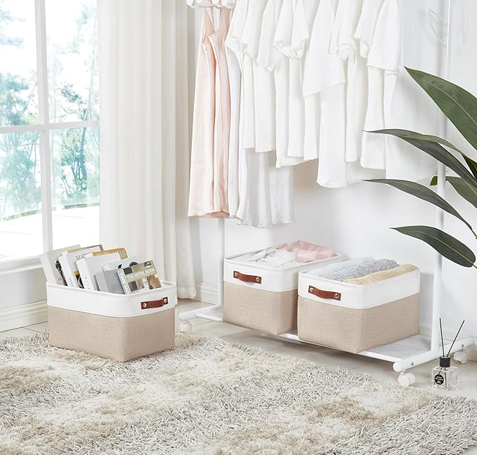 DECOMOMO Storage Bins, Large Fabric Storage Baskets for Shelves, Decorative Linen Closet Organizer, 15 x 11 x 9.5 inches (Beige & White, 3 Pack)