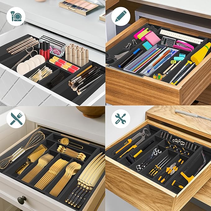 Sben Expandable Drawer Organizer for Utensils Holder, Adjustable Cutlery Tray, 6-8 Slots, Premium Wood Drawer Dividers Organizer for Silverware, Flatware, Knives for Kitchen (Black)
