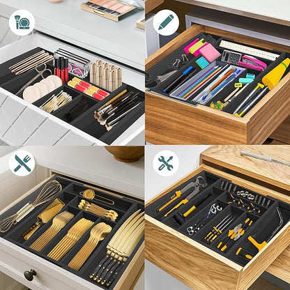 Sben Expandable Drawer Organizer for Utensils Holder, Adjustable Cutlery Tray, 6-8 Slots, Premium Wood Drawer Dividers Organizer for Silverware, Flatware, Knives for Kitchen (Black)