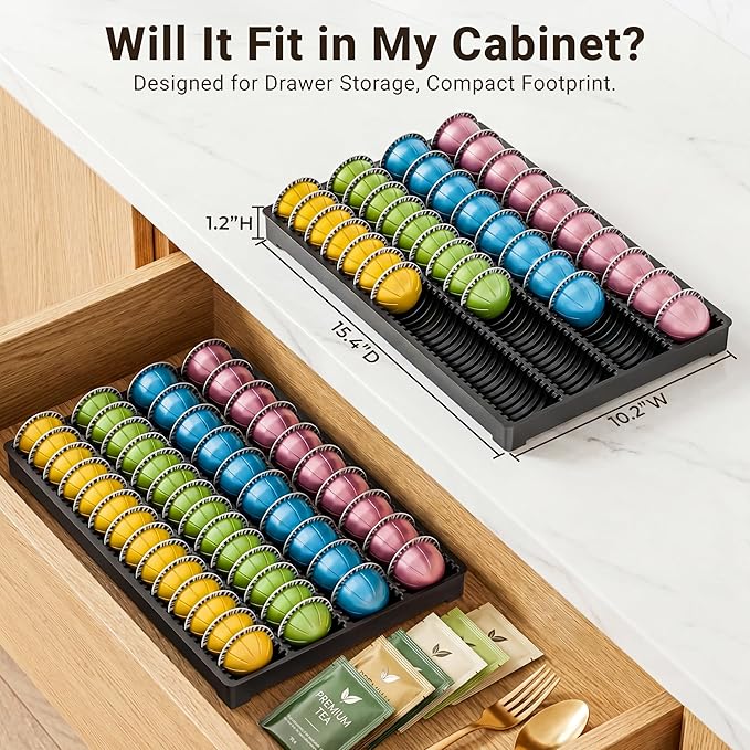 EVERIE Drawer Coffee Pod Organizer for Vertuo Capsules – Holds Up to 40 Large or 52 Small Pods, Space-Saving Insert Tray, Fits Kitchen Cabinets, 15.4" x 10.2" x 1.2", Pack of 2