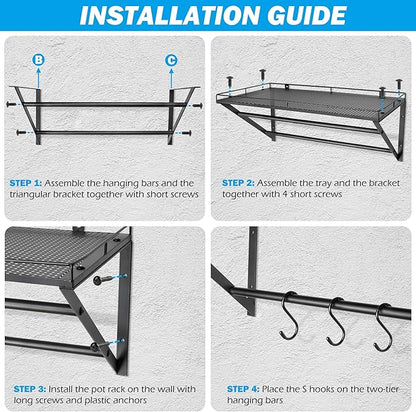 RedCall 2 Pack Garage Wall Shelf with 10 Hooks,23.5" x 13"Wall Mounted Storage Shelves with 2 Hanging Bars Rack for Garage, Closet, Laundry Room,Heavy Duty Metal Shelves