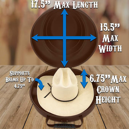 CASEMATIX Cowboy Hat Box - Portable Hat Storage for Brims Up To 4.75" - Hard Shell Case with Carry Strap, ID Slot and Foam Insert for Dipping Brims, Brown