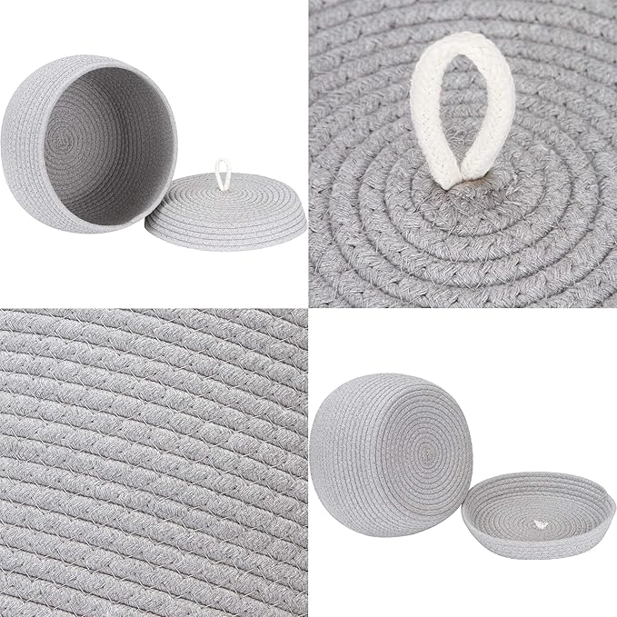 Sea Team Round Cotton Rope Storage Basket with Lid, Decorative Woven Storage Bin, Pot, Caddy, Organizer, Container for Snacks, Towels, Plants (Grey, Small/2-Pack)