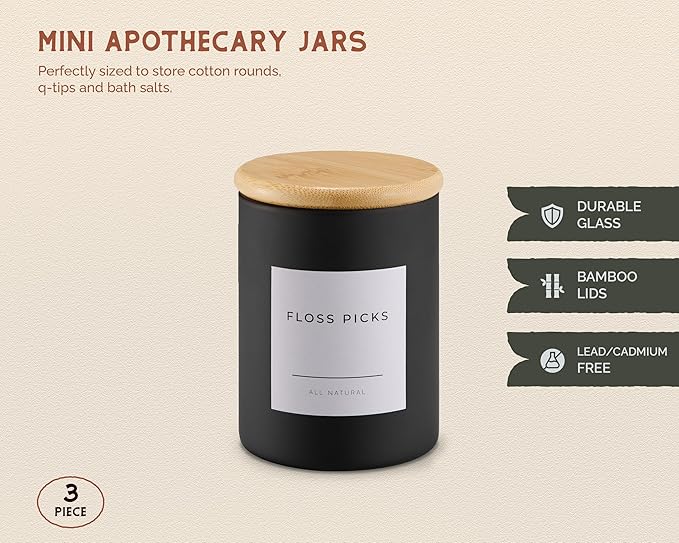 Vase and Vessel Mini Glass Apothecary Jars with Bamboo Lids, Small Bathroom and Kitchen Storage Containers, For Cotton Balls, Pads and Swabs, 10 oz, Set of 3 (Matte Black)