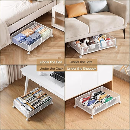 Yecaye Under Bed Storage with Wheels, 2 Pack Under Bed Shoe Storage Organizer Drawer, Tool-free Assembly Metal Underbed Storage Containers for Clothes, Shoes, White