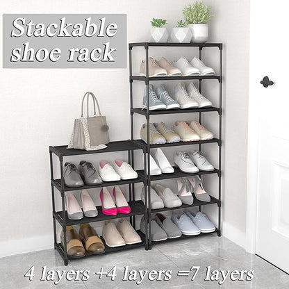 4-Tier Small Shoe Rack Space Saving Shoe Shelf Storage Organizer for Entryway Hallway Closet Bathroom Garage,Stackable Shoe Stand(Black)