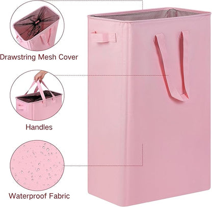 efluky Slim Laundry Basket, Narrow Laundry Hamper with Handles, Collapsible Dirty Clothes Hamper, Tall Laundry Bin for Laundry Room, Dorm and Bedroom, 19.8 Gallon (75L) Pink