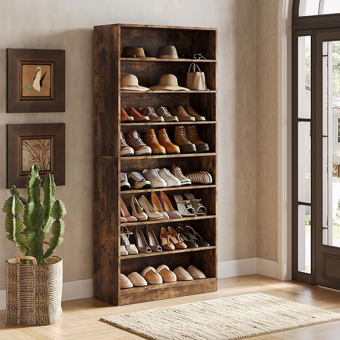 LITTLE TREE 9-Tier Shoe Cabinet, 32 Pairs Wooden Shoes Cabinet with Adjustable Shelves, 70.9" Tall Shoe Cabinet, Freestanding Modern Shoe Rack Organizer for Living Room Bedroom Entryway, Rustic Brown