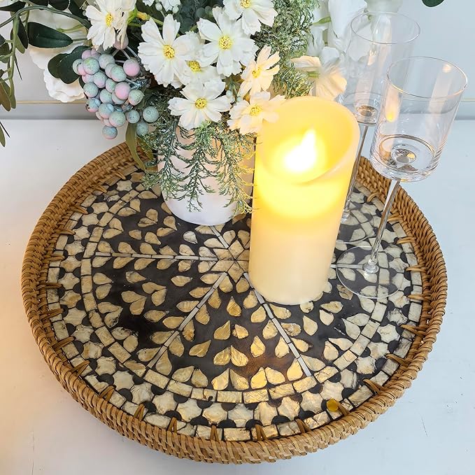 16" Rattan & Mother of Pearl Lazy Susan with Artisan Inlay - Round Black Rotating Turntable - Modern Server for Spices, Condiments & Holiday Hosting