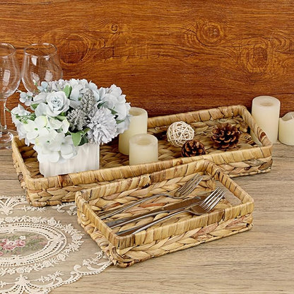 Bathroom Vanity Tray, Water Hyacinth Narrow Counter Tray with Handles, Decorative Woven Organizer Trays for Toilet Tank, Shelves, Farmhouse Hand Towels Basket Holder for Storage (Large)