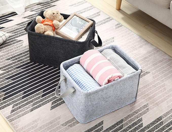 Collapsible Storage Bins Foldable Felt Fabric Storage Basket Organizer Boxes Containers with Handles PU Handles for Nursery Toys,Kids Room,Clothes,Towels,Magazine (PU-Light grey, 15.9L×11W×9.8H)