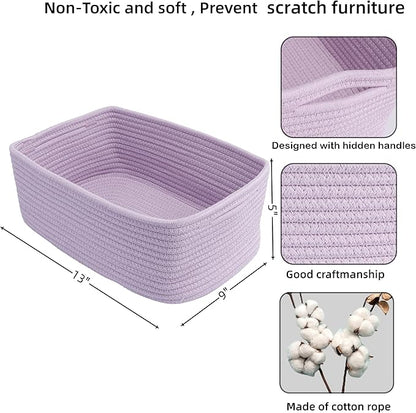 XUANGUO Small Woven Storage Baskets 13“X9”X5“ Decorative Rope Bins for Organizing Shelves, Closets, and Toys, Empty Gift Baskets, Cute Organizer Basket for Home and Office (purple, Large)