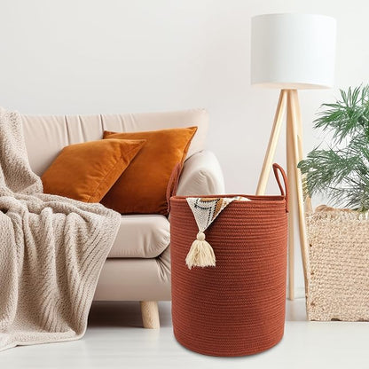 Woven Cotton Rope Laundry basket-15”X20” Laundry Hamper-Rope Storage Basket for Dirty Clothes, Toys and Blankets Perfect for Bathroom, Baby nursery and Living Room Storage (rustic)