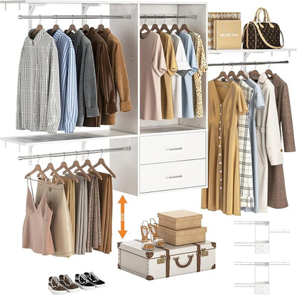 96 Hanging Closet System with 2 Wooden Drawers, 75"–87" Height Adjustable Closet Organizer System with Tower, 4-8FT Custom Closet Shelving System, Wall-Mounted Walk-In Closets Wardrobe, White