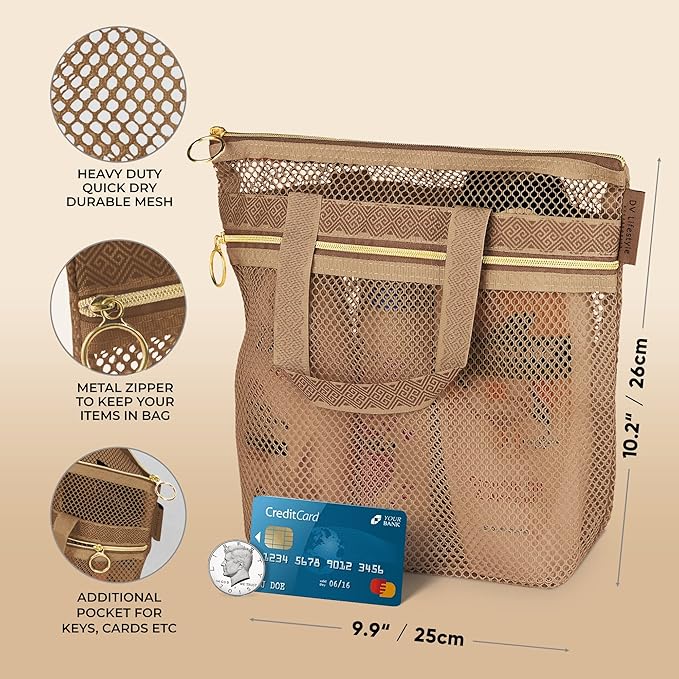 DV Lifestyle Mesh Shower Bag 10.2x9.9'' Quick-Dry Caddy with Zipper & 2 Pockets. Portable Toiletry Tote for Bathroom, Gym, Travel, Camp, Beach, for Sunscreen, Dorm & College Essentials (Brown)