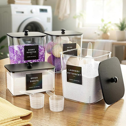 4 Pack Laundry Pods Container, Clear Laundry Room Organization Containers Essentials, Large Detergent Powder Storage Containers Black Wooden Lids & Labels Signs, Home Acrylic Laundry Pods Holder