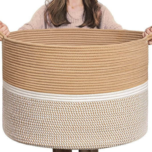 CHICVITA XXL Extra Large Cotton Rope Woven Basket with Handles, Throw Blanket Storage Basket, Decorative Clothes Hamper - 22" x 22" x 14", Brown&White