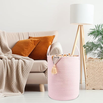 Woven Cotton Rope Laundry basket-15”X20” Laundry Hamper-Rope Storage Basket for Dirty Clothes, Toys and Blankets Perfect for Bathroom, Baby nursery and Living Room Storage (pink)