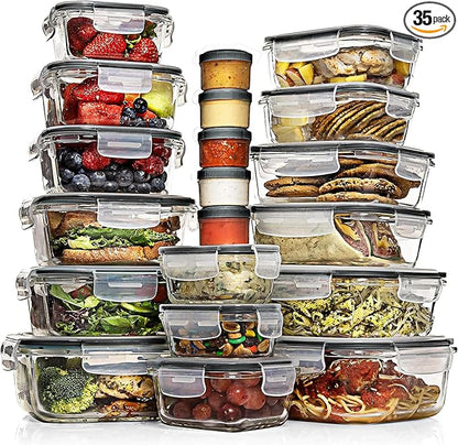 Razab 35 Pc Set Glass Food Storage Containers with Lids - Meal Prep Airtight Bento Boxes BPA-Free 100% Leak Proof (15 lids,15 glass & 5 Plastic Sauce/Dip Containers)