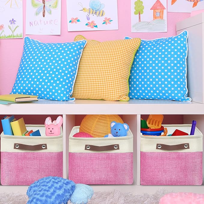 Simple Houseware 15" x 11" Large Fabric Storage Bin for Closet and Shelves, Leather Like Handles, 3 Pack, Pink