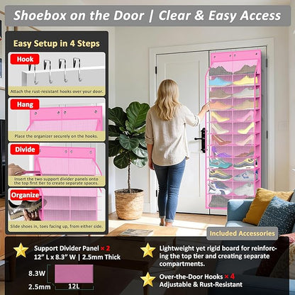 Kotkn 24-Pair Over Door Shoe Organizer for Family & Kids, Double Sided | Hanging Storage for Sneakers, Boots, Toys & Room OrganizationRose Quartz