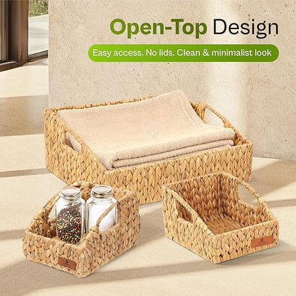 Water Hyacinth Storage Baskets for Shelves Set of 3, Rectangular Open-Top Wicker Storage Bins with Handles, Shelf Baskets for Closet, Bathroom, Pantry + Tissue Box Cover