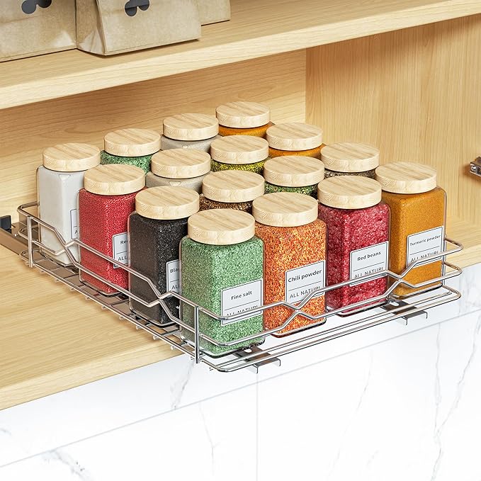 BOIVSHI Spice Rack Organizer for Cabinet, Heavy Duty Pull Out Spice Rack, Metal 1 Tier Spice Organizer for Cabinet, Kitchen, Pantry, Chrome, 8.5”W x 10.5”D x 2.3”H
