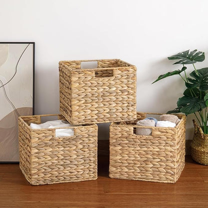 12X12X10in Water Hyacinth Storage Baskets, Wicker Storage Cubes Set of 4, Foldable Wicker Baskets for Pantry Organization, Square Baskets for Shelves