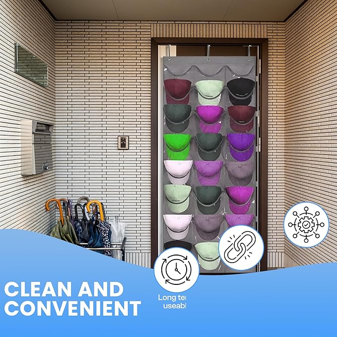 Hat Rack Premium Quality, Organizer for Wall or Door, 24 Clear Deep Pockets, Storage for Caps, Hooks Included, Large Pockets for Multiple Baseball, Golf, and Sports Caps Organization, grey