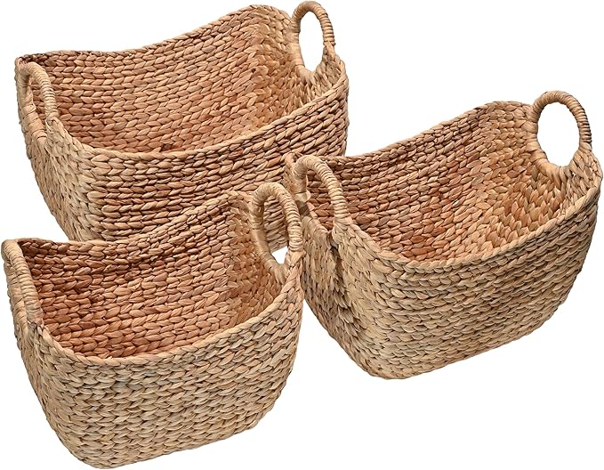 happimess BSK2002A-3SET Nellie Farmhouse Classic Handwoven Hyacinth Boat Wicker Storage Baskets with Handles, Natural (Set of 3), Seagrass Containers for Decoration in Living Room, Bedroom