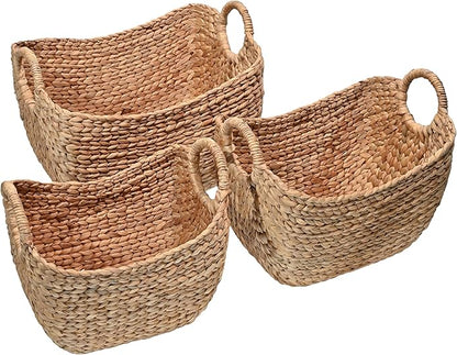 happimess BSK2002A-3SET Nellie Farmhouse Classic Handwoven Hyacinth Boat Wicker Storage Baskets with Handles, Natural (Set of 3), Seagrass Containers for Decoration in Living Room, Bedroom
