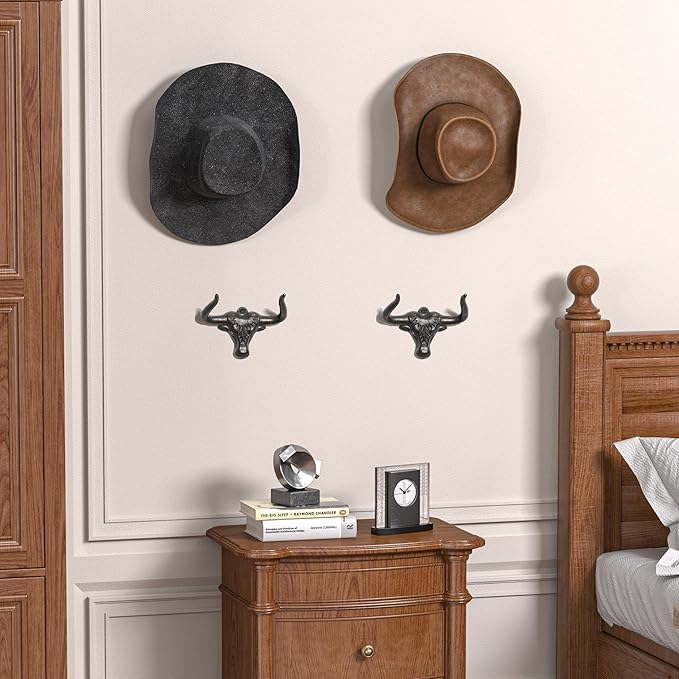 Cowboy Hat Rack for Wall 4 Pack Modern Metal Cowboy Hat Holder Cast Iron Cowgirl Hat Hanger Western Longhorn Hooks for Storage and Display for Closet Bedroom Living Room Rust