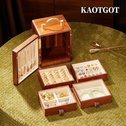 Wooden Jewelry Box for Women Walnut Wooden Jewelry Box with handle 4-Tier Jewelry Organizer for Rings, Necklaces